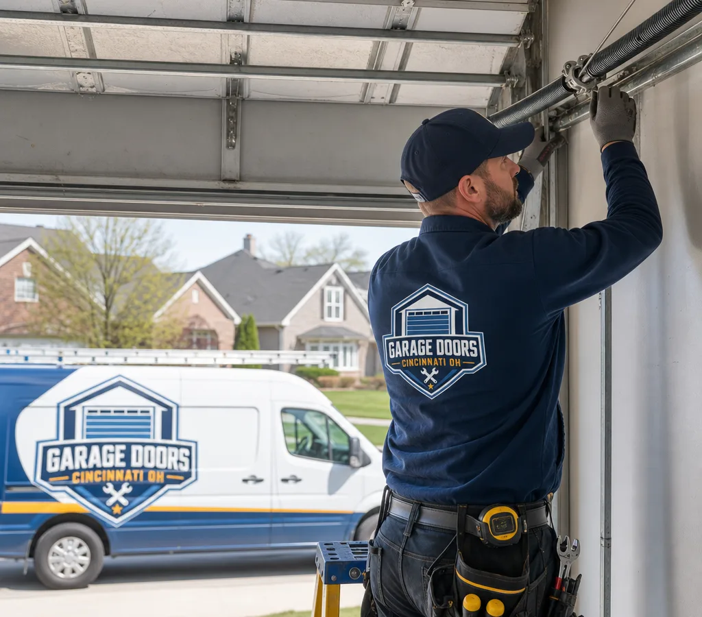 Technician adjusting a residential garage door torsion spring and checking cable alignment in Cincinnati