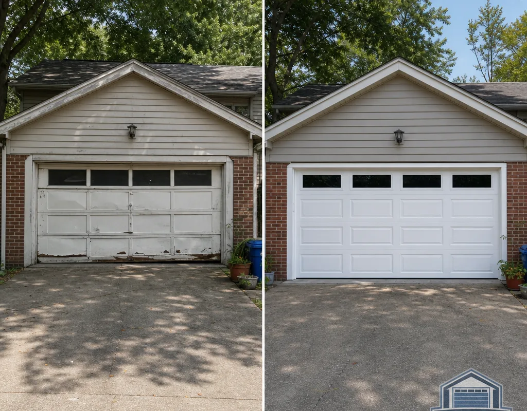 Before and after view of an older dented sectional door replaced with a new raised-panel steel garage door