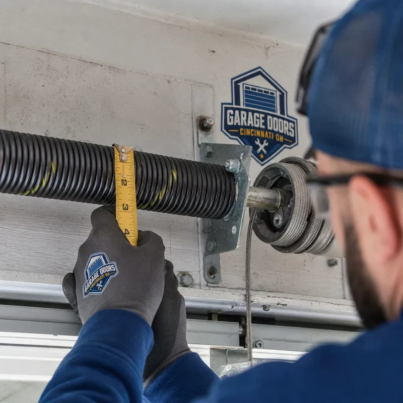 Technician measuring a garage door torsion spring and checking cable drum alignment and bearing plates