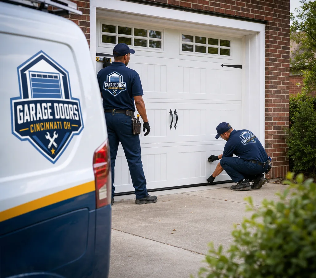 Technicians performing final alignment and a safety check on a residential garage door at a Cincinnati home