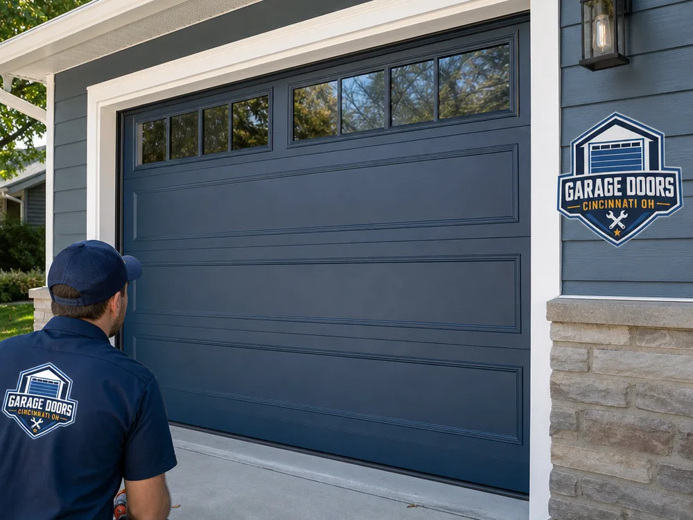 Modern insulated steel garage door on a Cincinnati home with clean perimeter sealing and matching trim