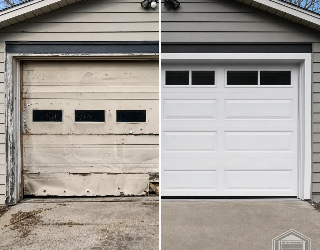 Before and after view of an older dented steel garage door replaced with an insulated sectional door with straight tracks and new seals