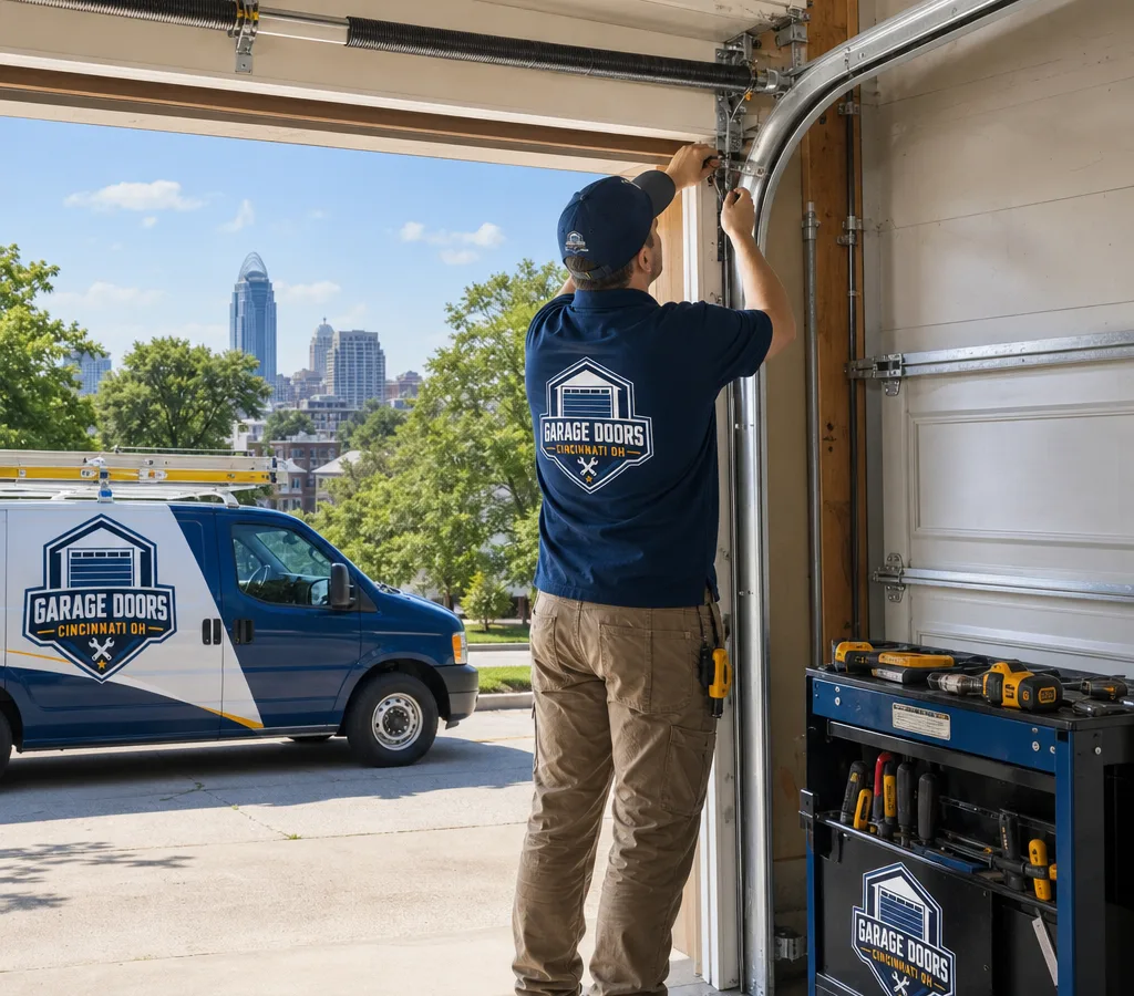 Technician installing a new sectional garage door on a Cincinnati home with the track and torsion spring system visible