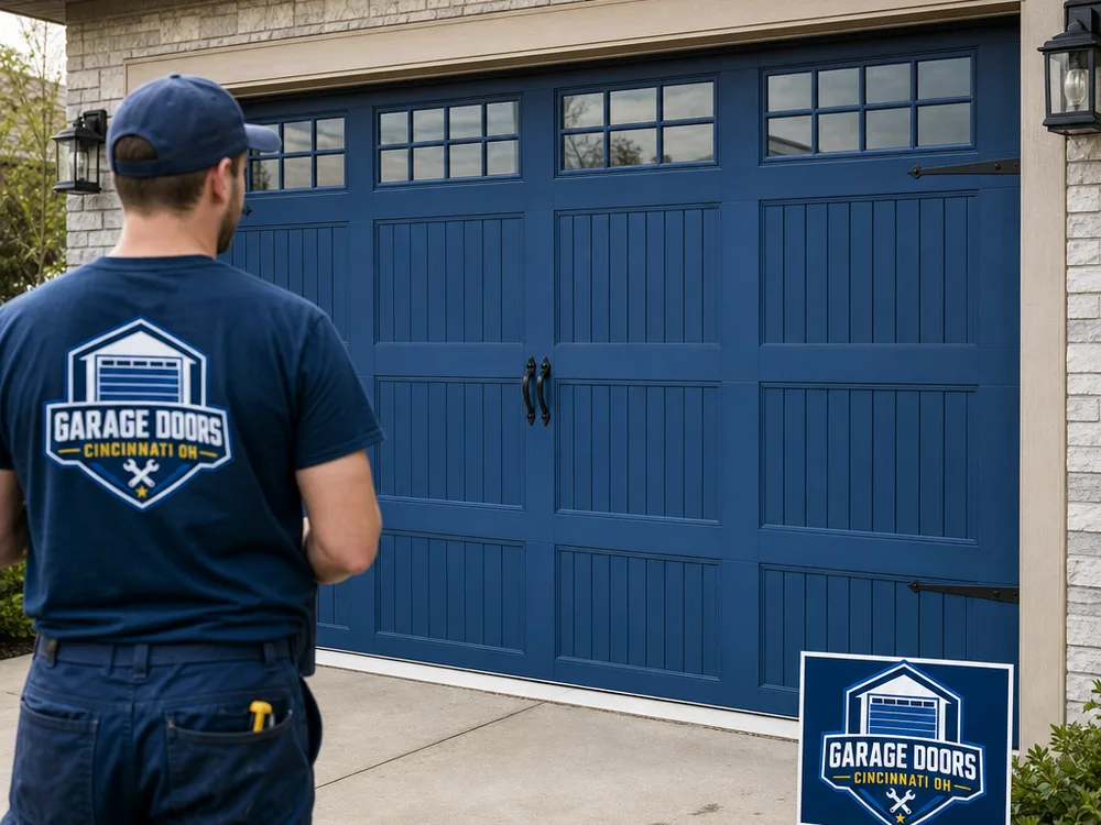 New carriage-house style garage door on a Cincinnati home with even panel spacing and a tight top seal