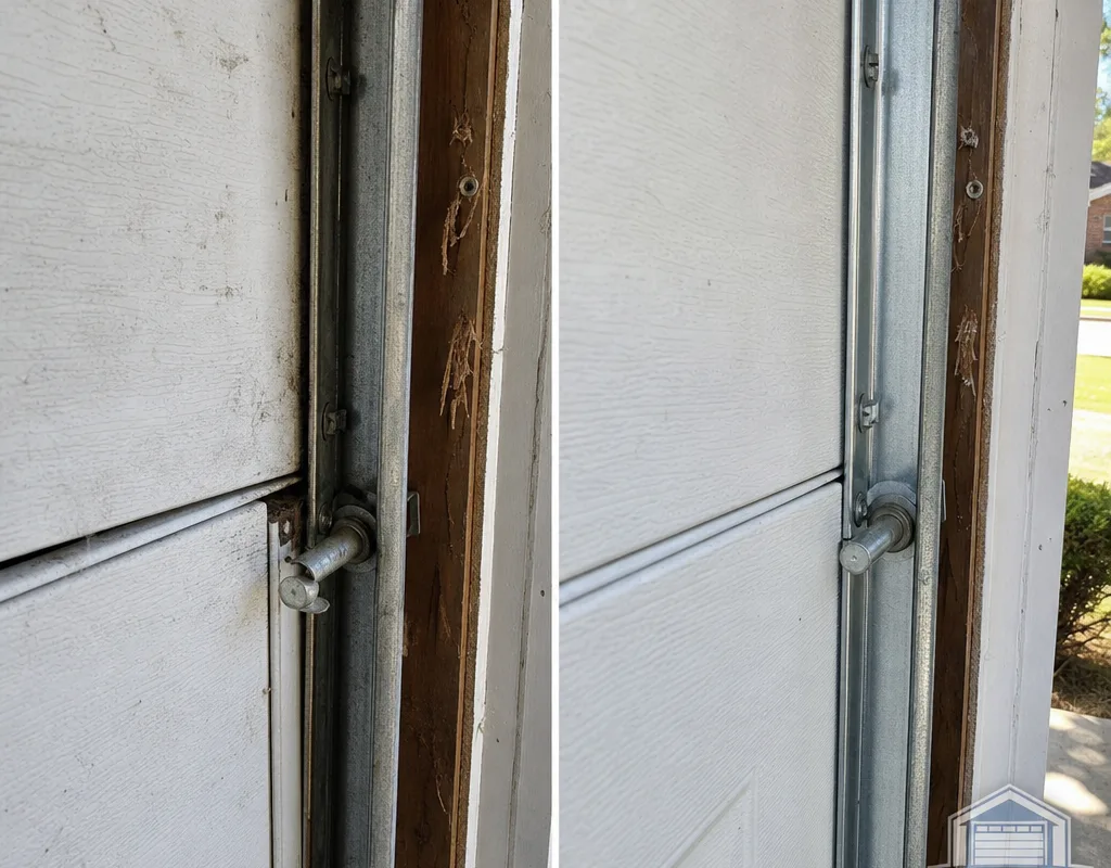 Before and after view of a garage door track alignment correction with an even reveal along the jamb