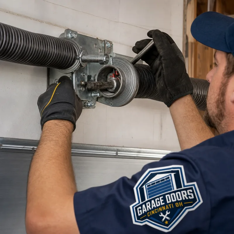 Garage door torsion spring, center bearing plate, and cable drum during a safe inspection