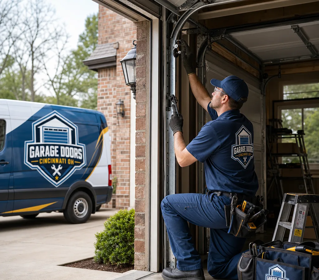 Technician servicing a sectional garage door on a Cincinnati home with tools staged neatly and the door mid-travel