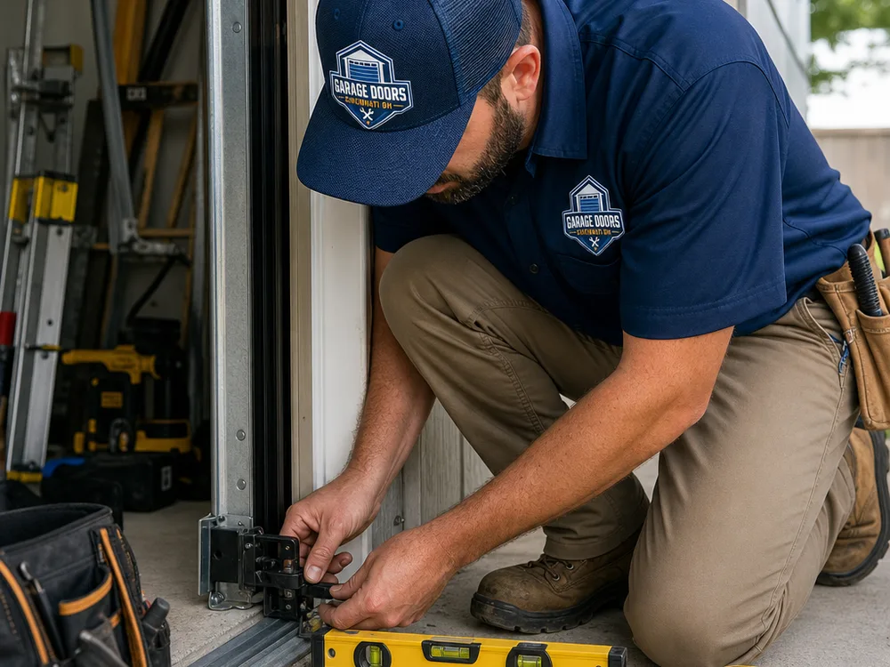 Technician adjusting garage door photo-eye sensors with a level and measuring tape