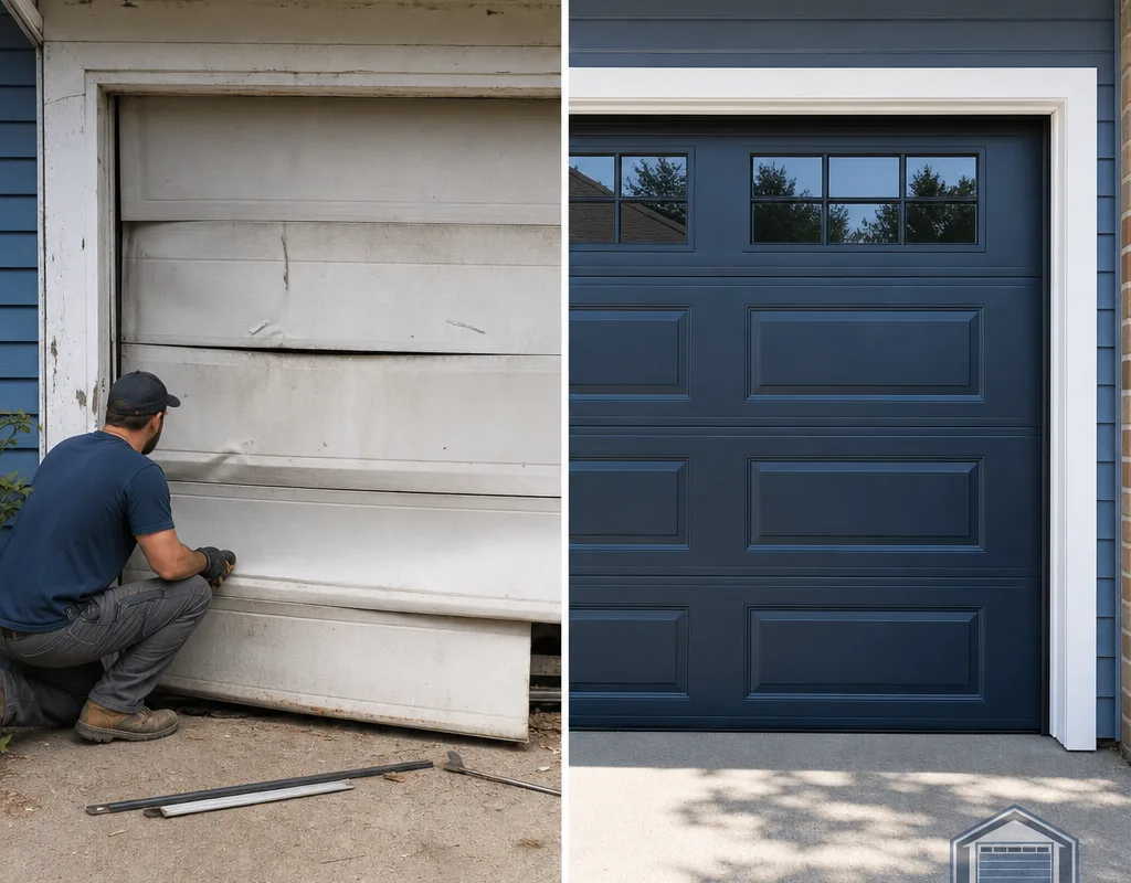 Before and after comparison of an older dented sectional door and a new steel sectional garage door