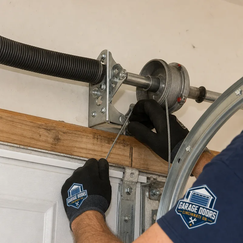 Close-up of a torsion spring setup showing the center bearing plate, drums, and cable routing