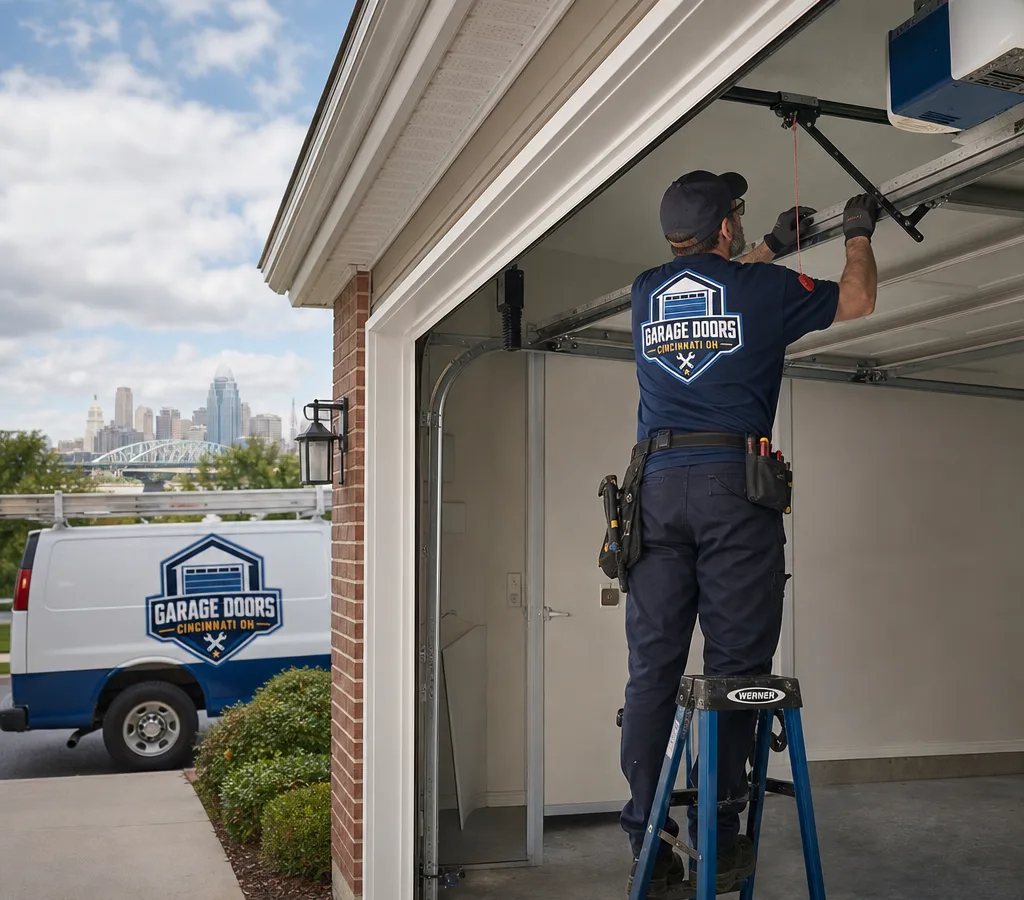Technician installing a new residential sectional garage door on a Cincinnati home with tracks, springs, and opener rail visible