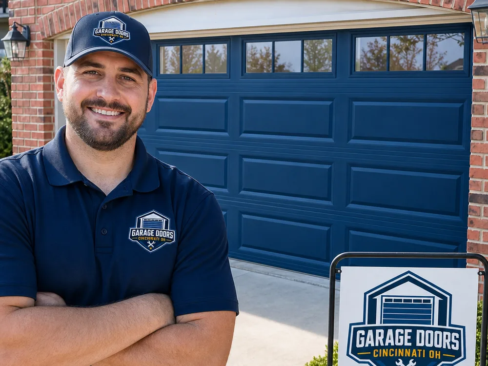 New insulated double garage door with a window row installed on a brick home