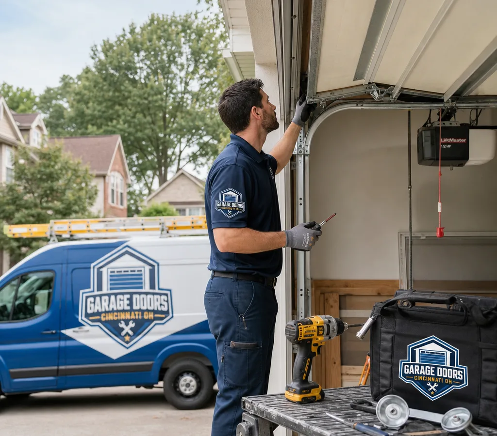 Technician diagnosing a residential sectional garage door at a Cincinnati home with tools and replacement parts staged neatly