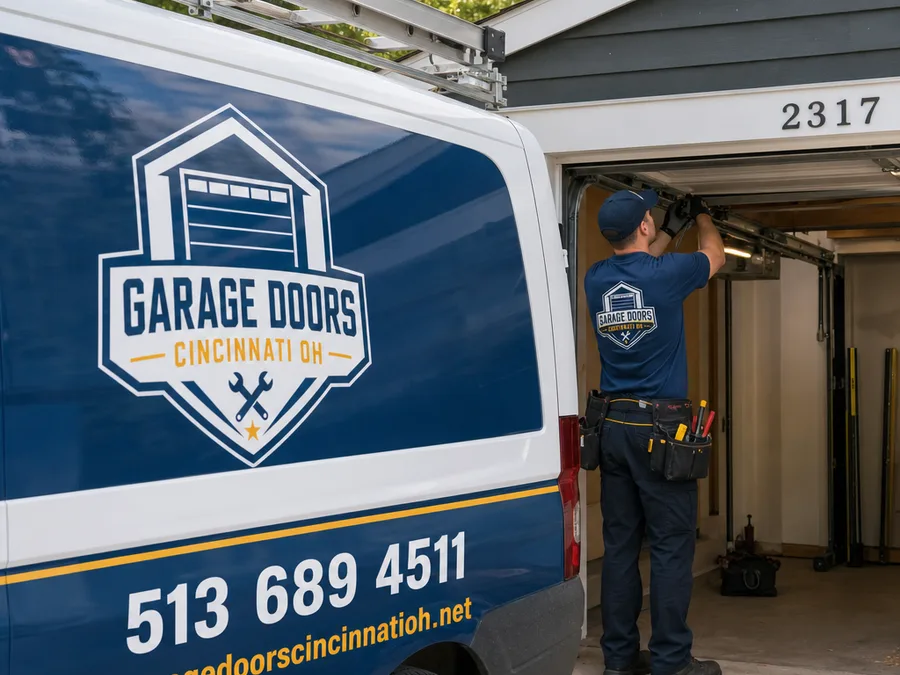 Garage door technician inspecting tracks and rollers at a Cincinnati home