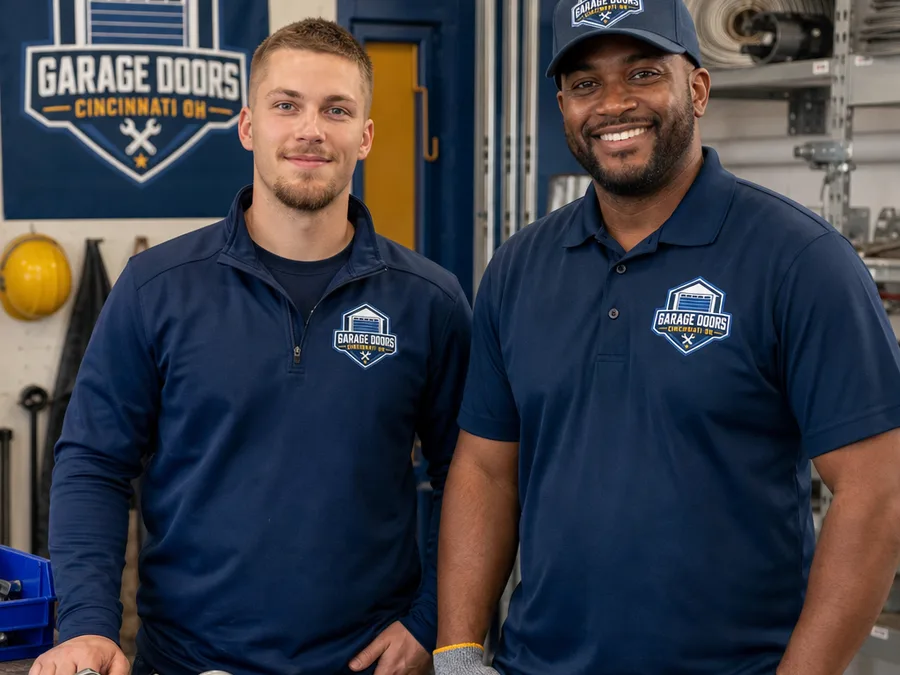 Two local garage door technicians with replacement rollers, hinges, springs, and safety equipment